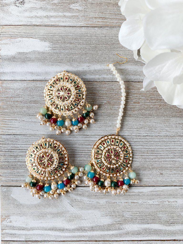 Round Jadau Tikka Set Earrings + Tikka THE KUNDAN SHOP Multi 
