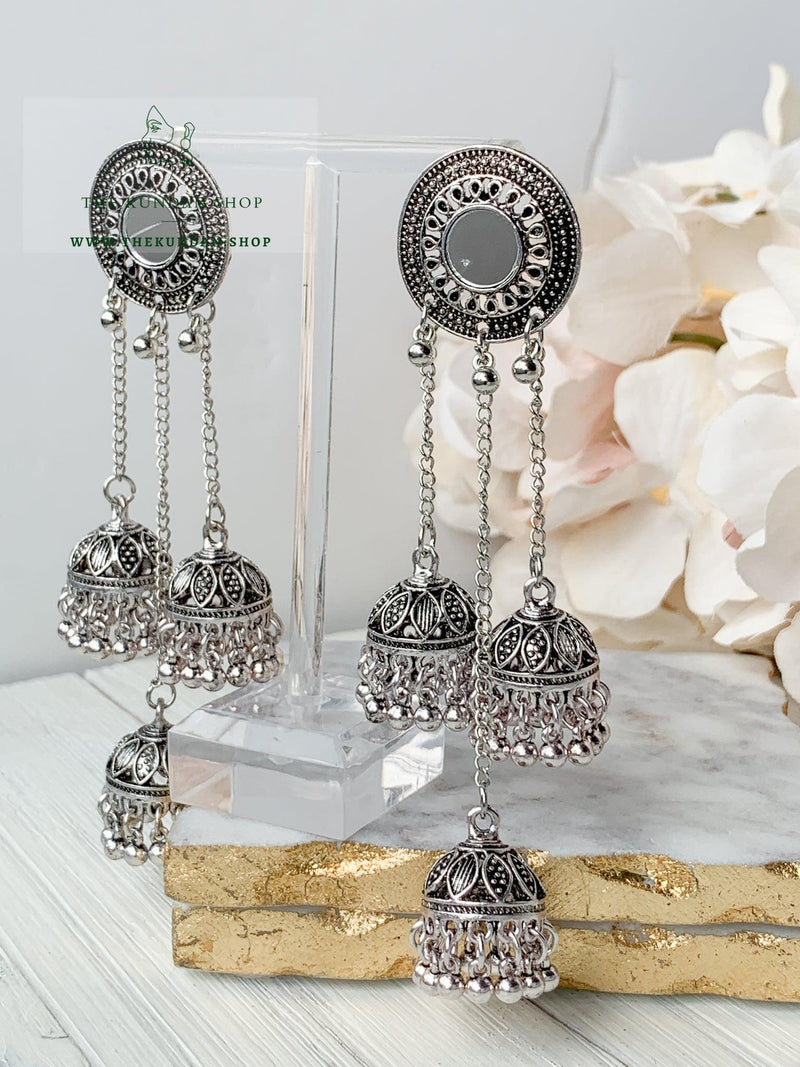 Silver Series - Triple Jhumkis Earrings THE KUNDAN SHOP Silver 