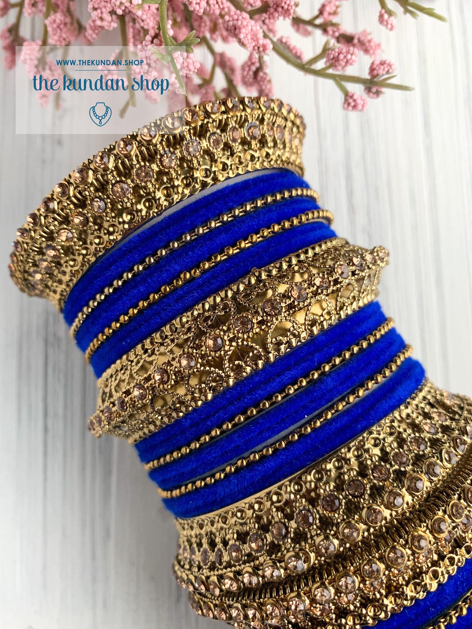 Royal Blue Velvet & Bronze Bangle Set Bangles THE KUNDAN SHOP 