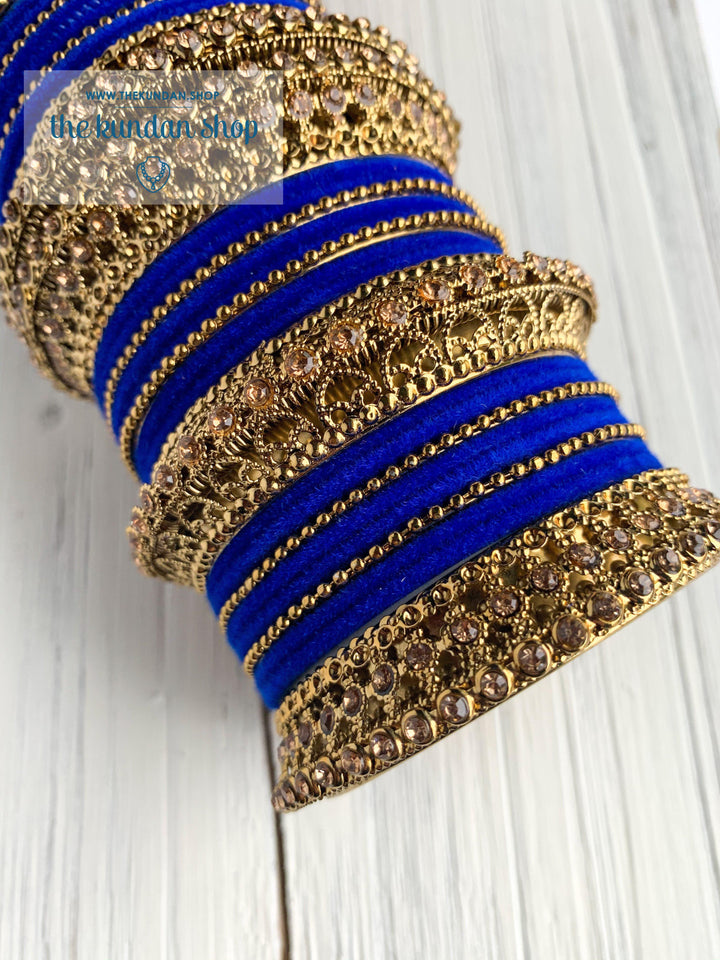 Royal Blue Velvet &amp; Bronze Bangle Set Bangles THE KUNDAN SHOP 