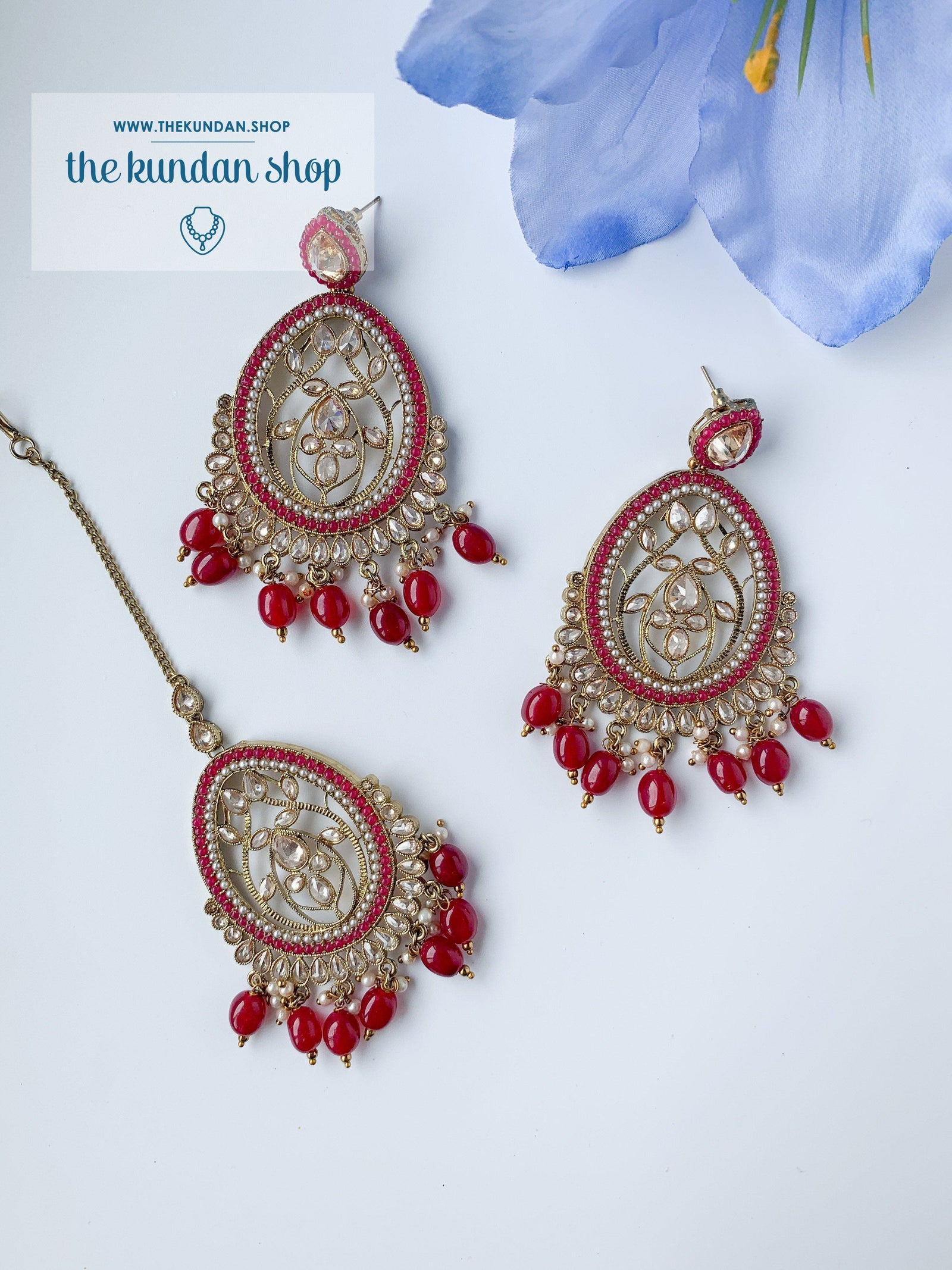 Forgiving in Pearl - Ruby Earrings + Tikka THE KUNDAN SHOP 