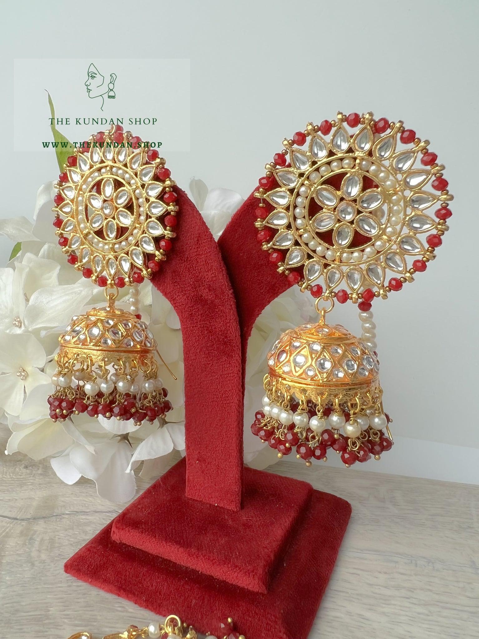 Floret Jhumkis in Ruby Earrings + Tikka THE KUNDAN SHOP 