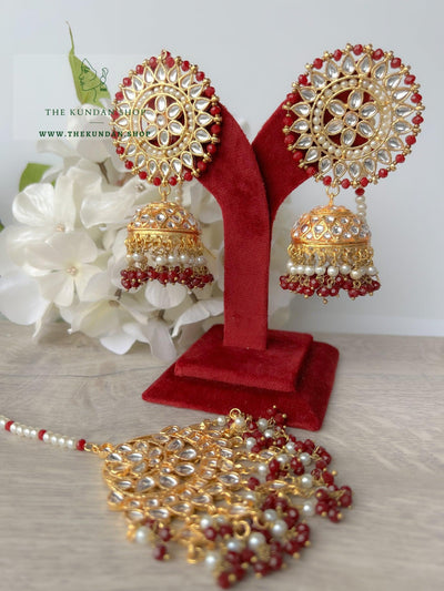 Floret Jhumkis in Ruby Earrings + Tikka THE KUNDAN SHOP 