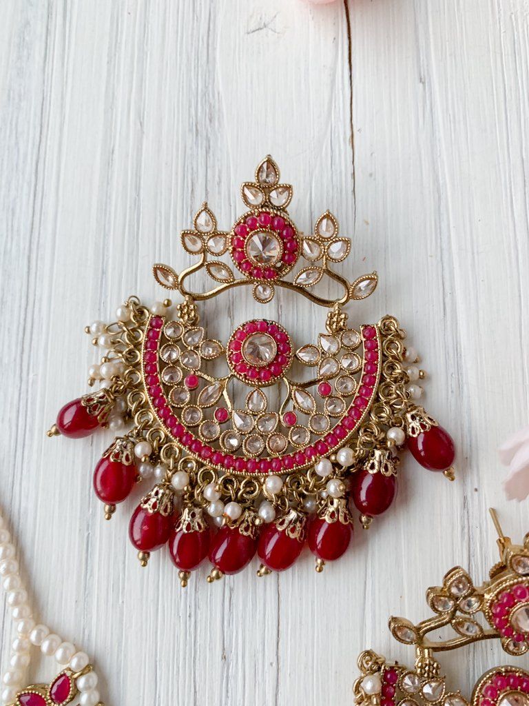 Dedication in Ruby Earrings + Tikka THE KUNDAN SHOP 