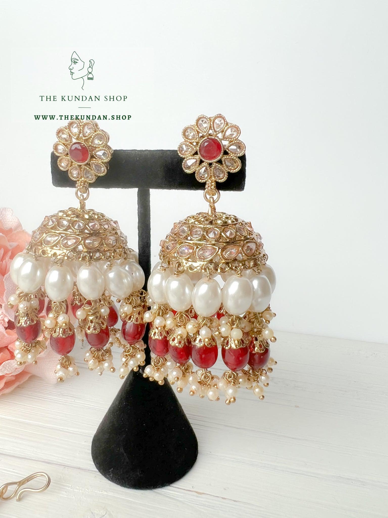 Finery Jhumkis in Ruby Earrings + Tikka THE KUNDAN SHOP 