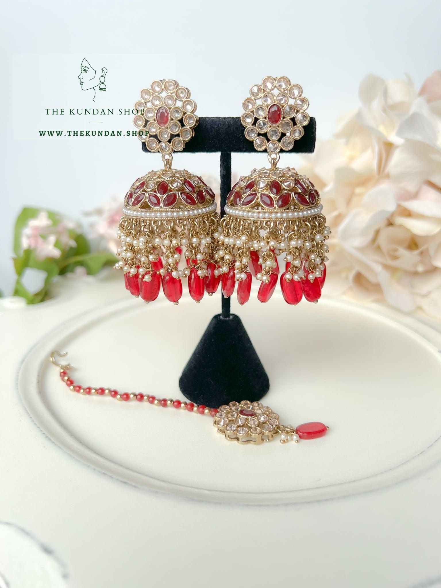 Jhumkis from Heaven in Ruby Earrings + Tikka THE KUNDAN SHOP 