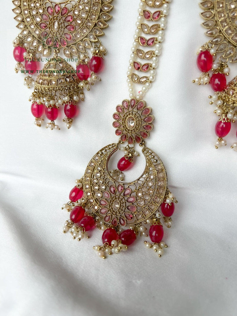 Chosen Polki in Dark Pink Earrings + Tikka THE KUNDAN SHOP 