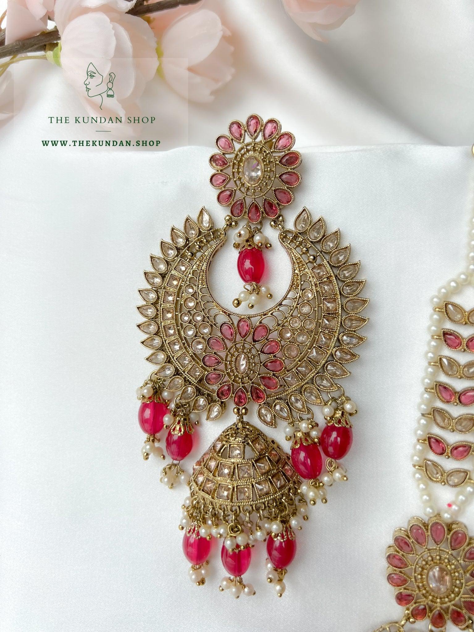Chosen Polki in Dark Pink Earrings + Tikka THE KUNDAN SHOP 