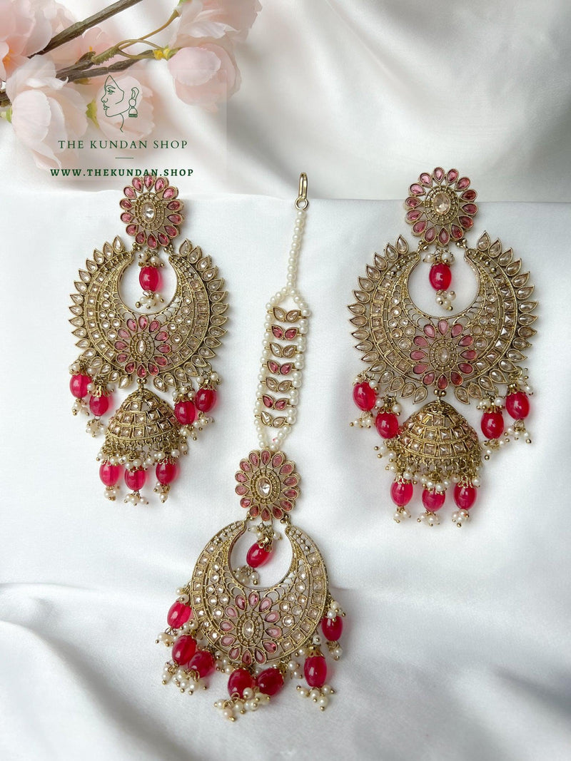 Chosen Polki in Dark Pink Earrings + Tikka THE KUNDAN SHOP 