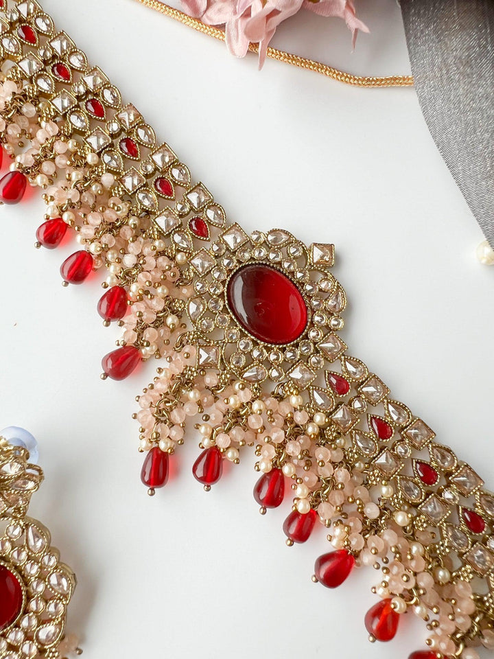 Wishful Polki in Ruby & Peach Necklace Sets THE KUNDAN SHOP 