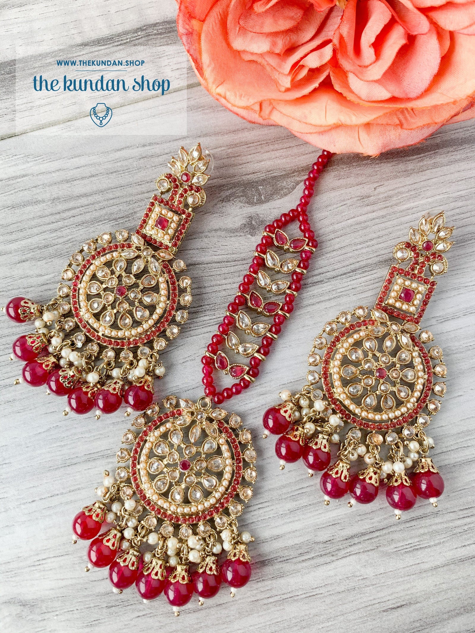 Interlace in Ruby Earrings + Tikka THE KUNDAN SHOP 