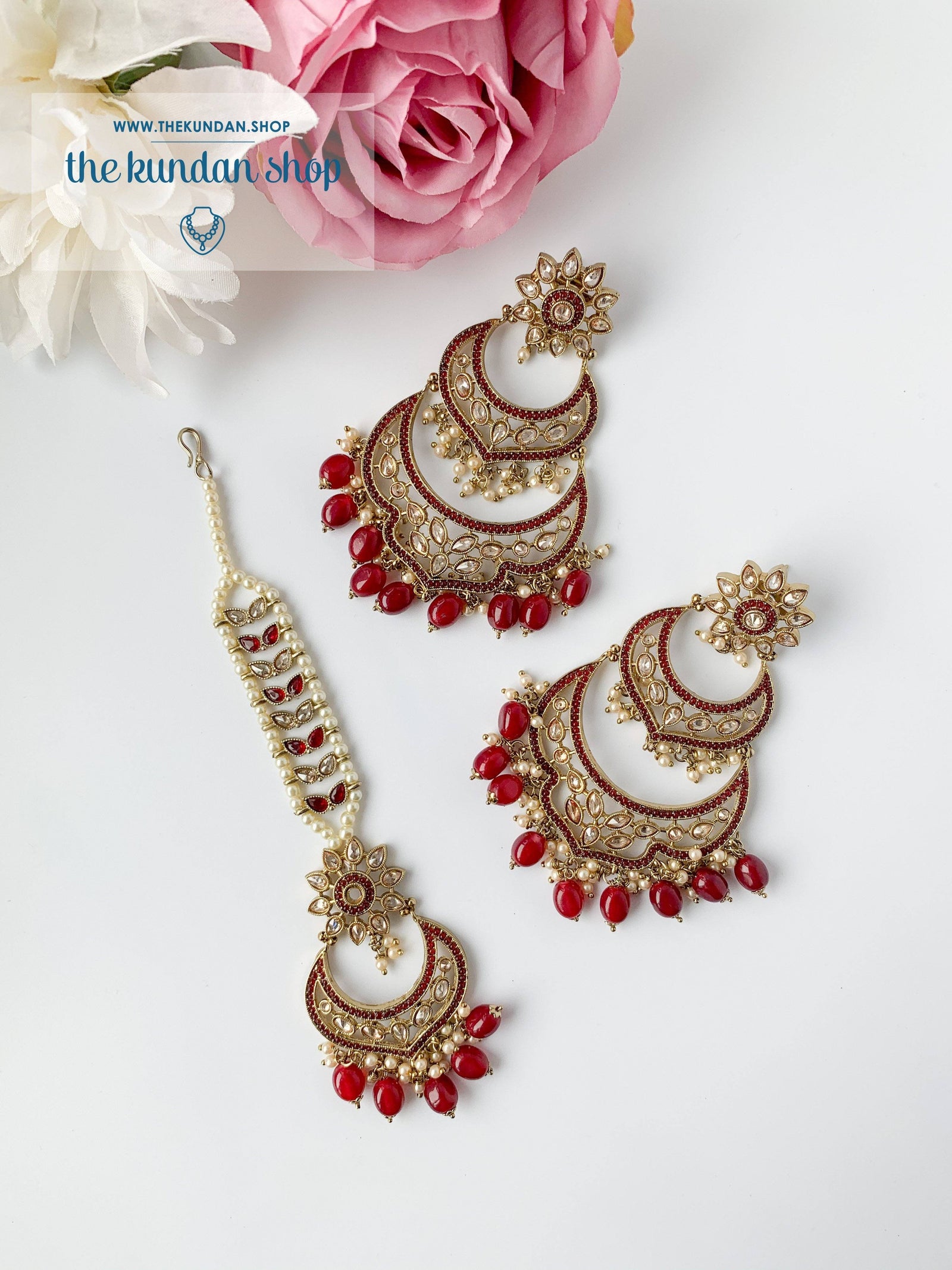 A Princess Polki in Ruby Earrings + Tikka THE KUNDAN SHOP 