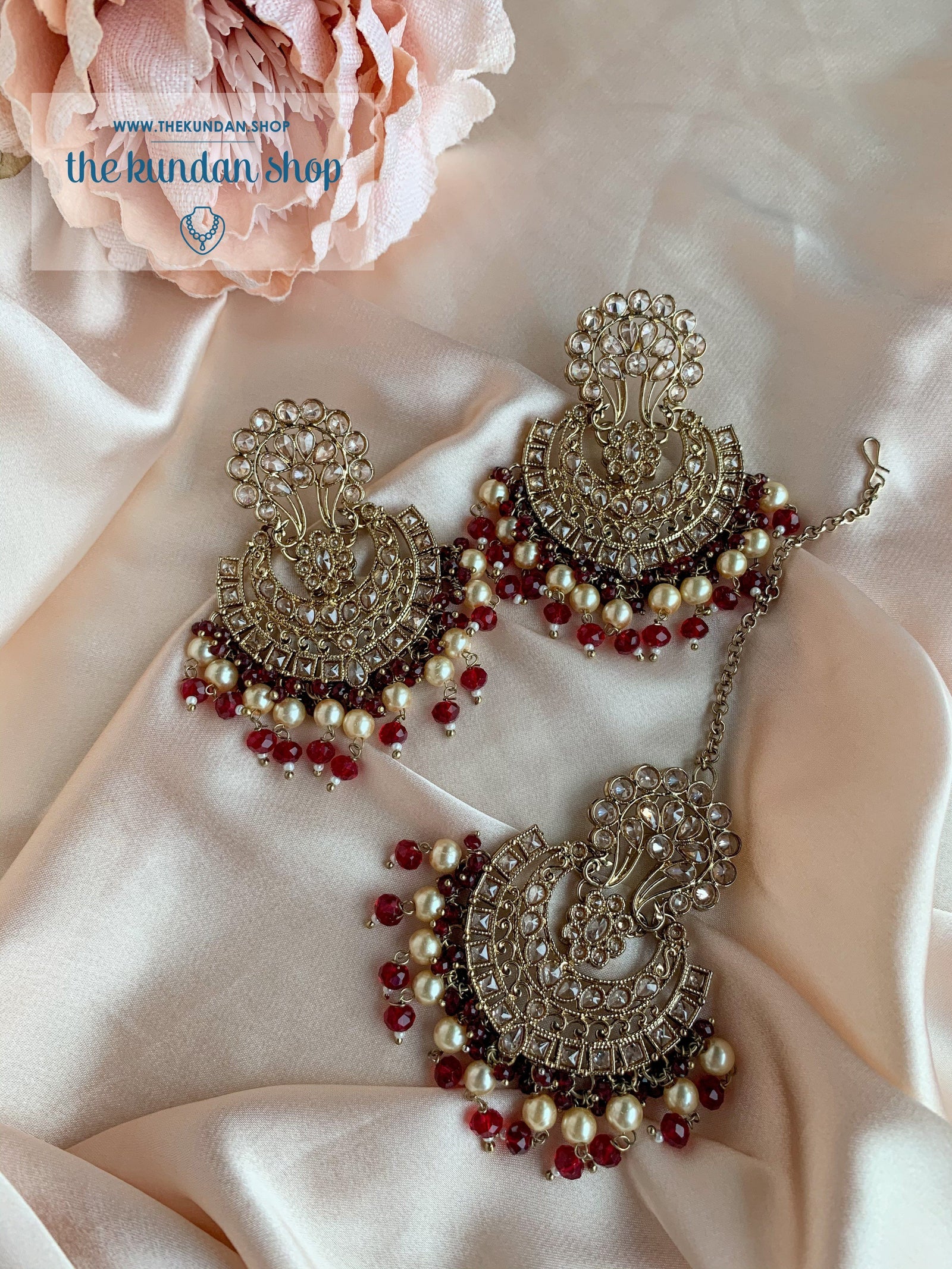 The Ensemble Set in Ruby Earrings + Tikka THE KUNDAN SHOP 