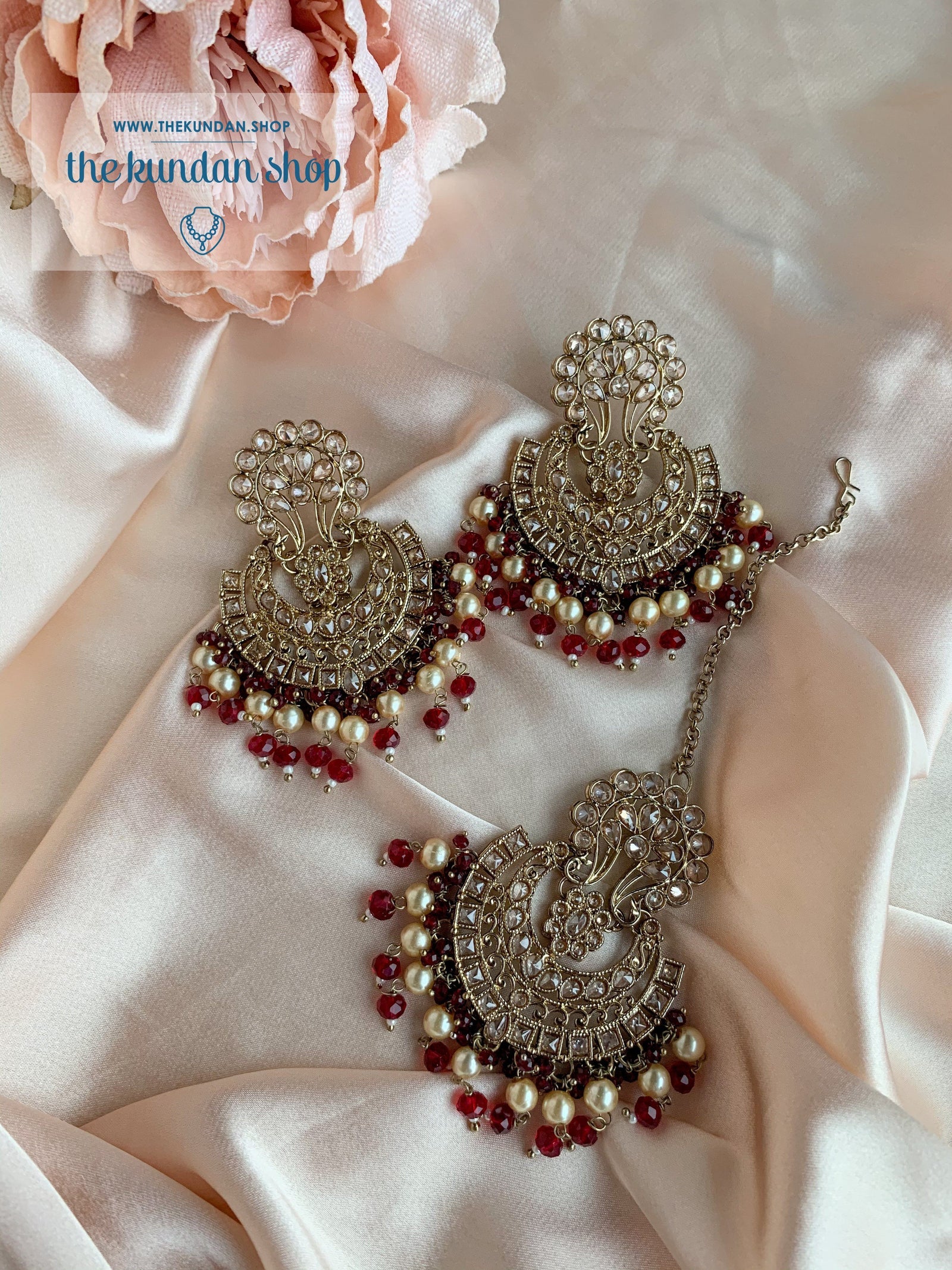 The Ensemble Set in Ruby Earrings + Tikka THE KUNDAN SHOP 