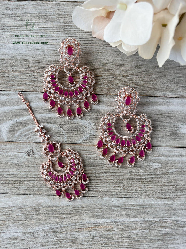 Catch in Rose Gold & Ruby Earrings + Tikka THE KUNDAN SHOP 