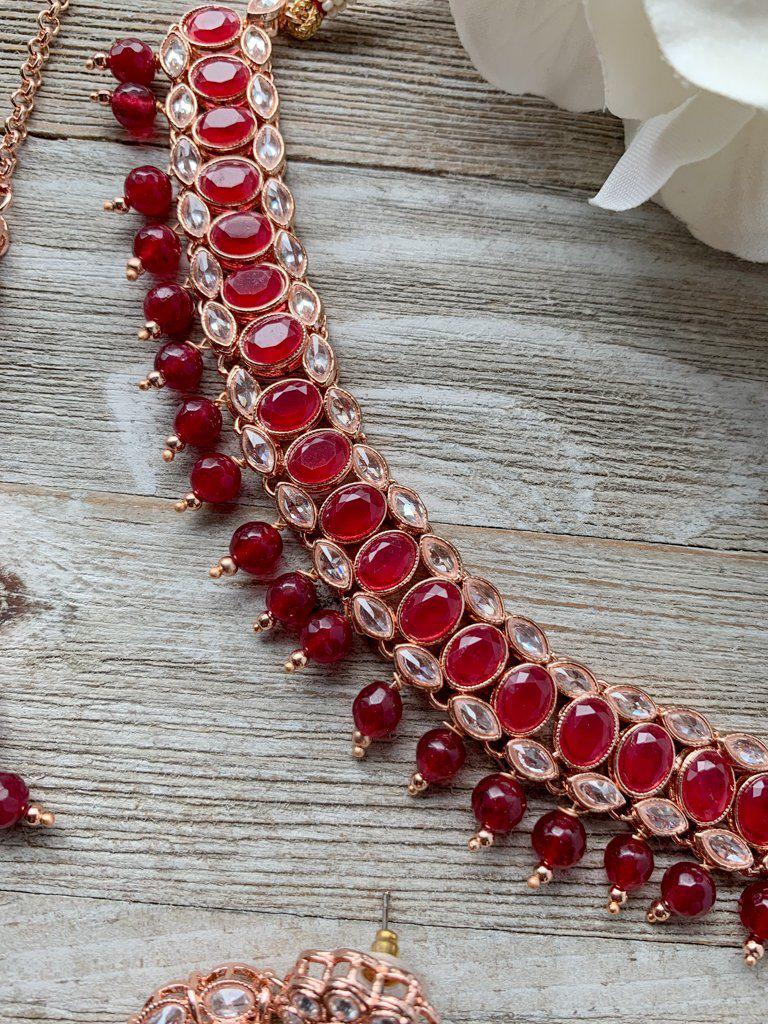 Twirl in Rose Gold & Ruby Necklace Sets THE KUNDAN SHOP 