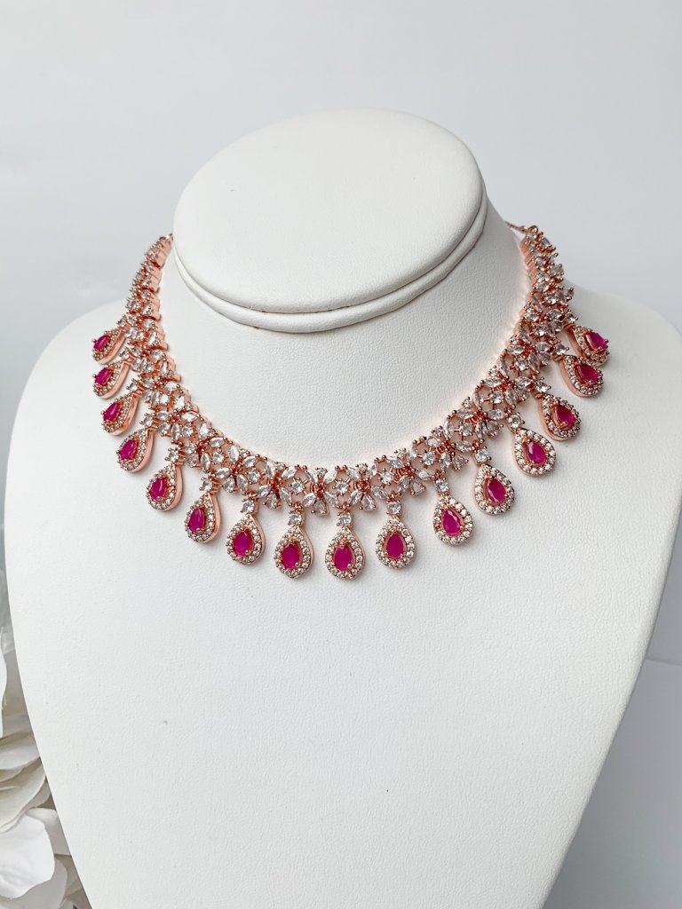 Ruby Teardrops in Rose Gold Necklace Sets THE KUNDAN SHOP 