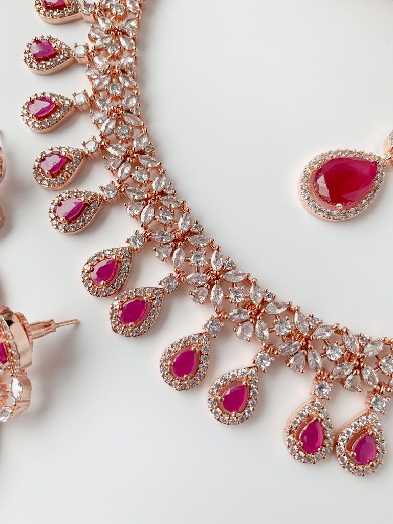 Ruby Teardrops in Rose Gold Necklace Sets THE KUNDAN SHOP 