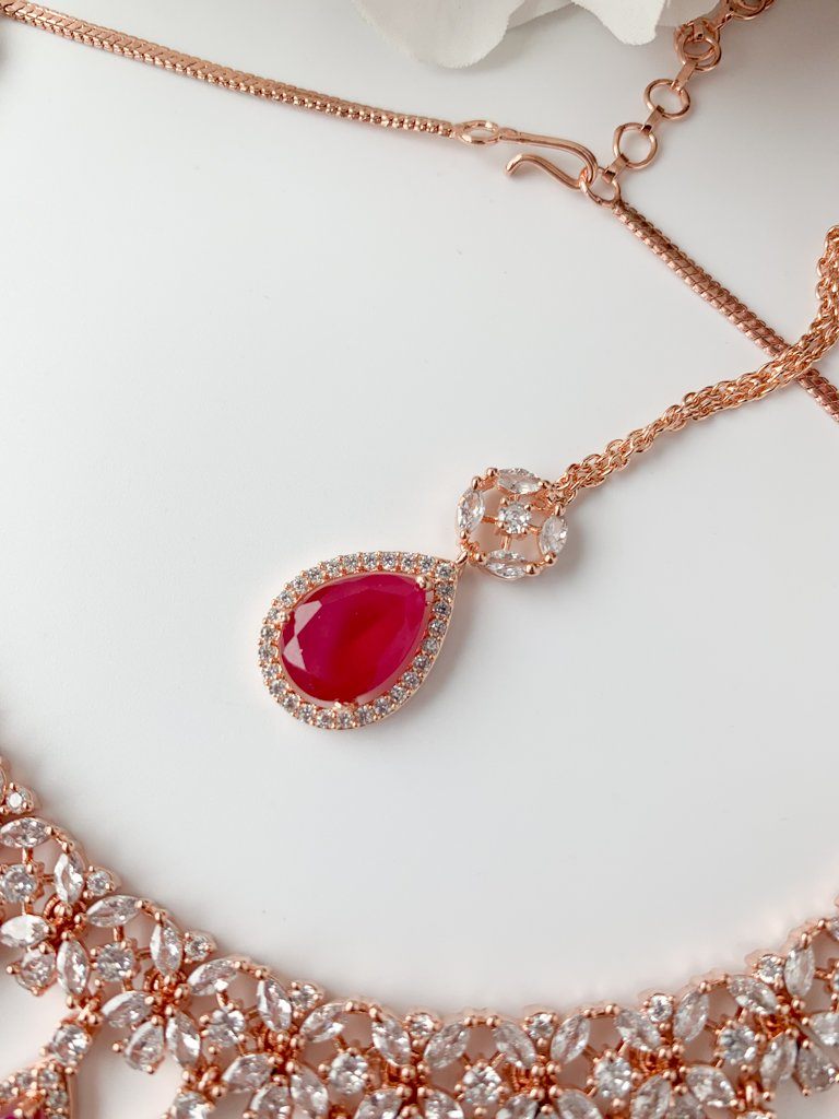 Ruby Teardrops in Rose Gold Necklace Sets THE KUNDAN SHOP 