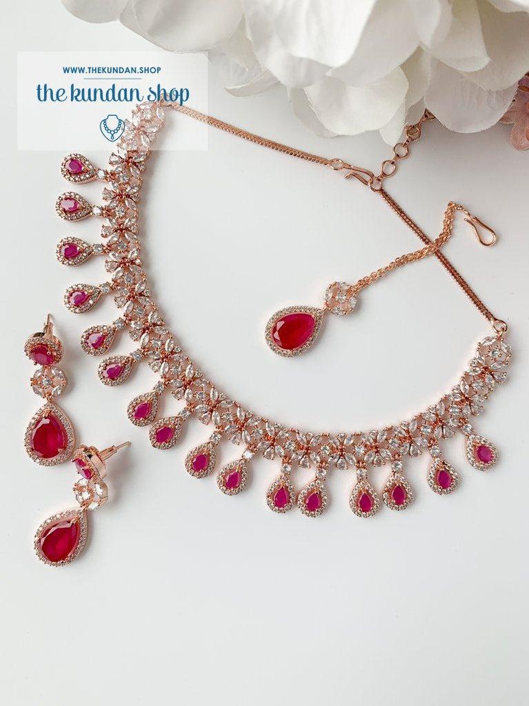 Ruby Teardrops in Rose Gold Necklace Sets THE KUNDAN SHOP 