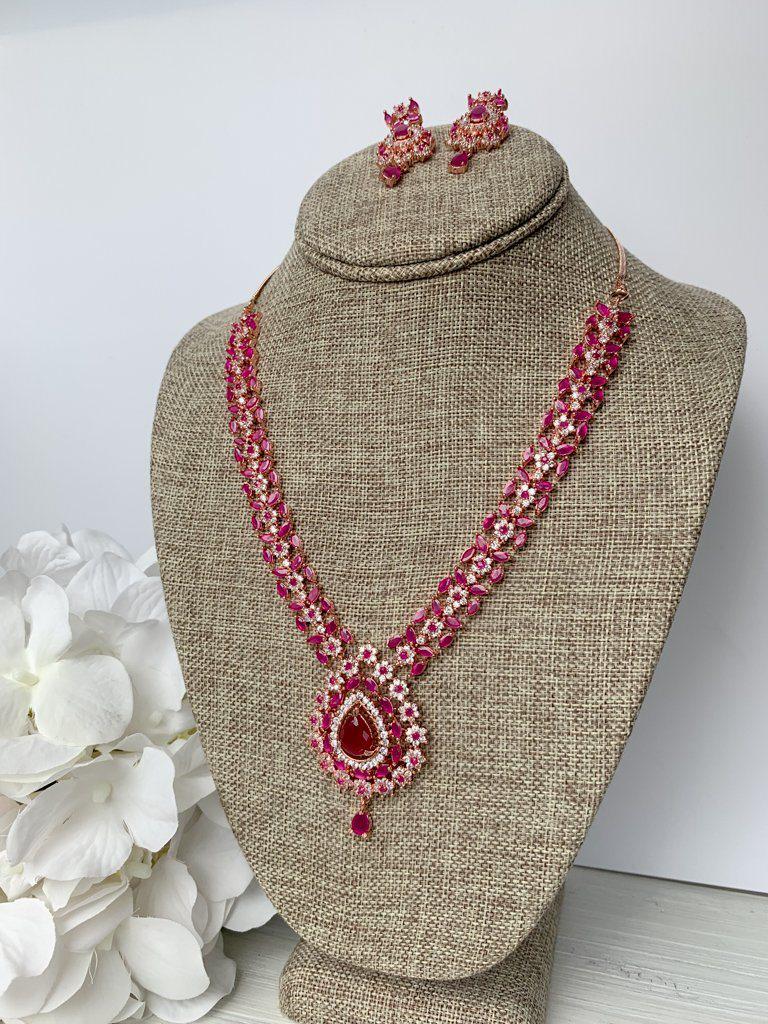Favored Drops in Rose Gold & Ruby Necklace Sets THE KUNDAN SHOP 