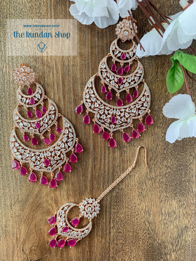 Dreaming in Rose Gold & Ruby Earrings + Tikka THE KUNDAN SHOP 