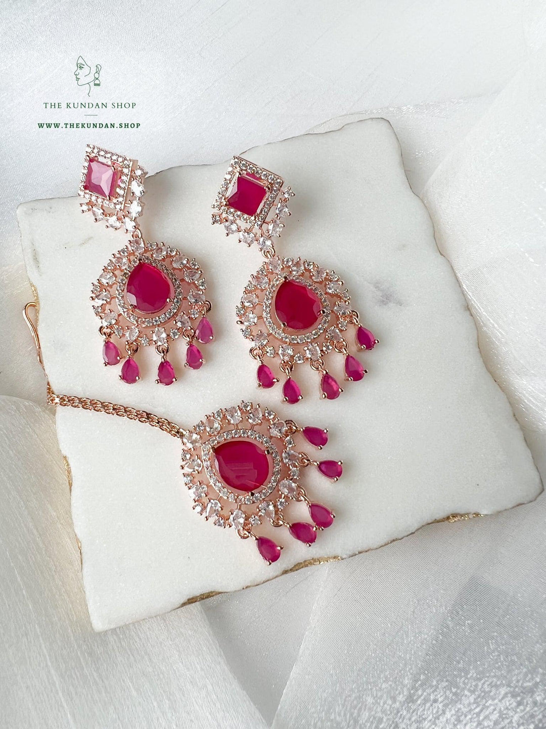 Wander in Rose Gold and Ruby Earrings + Tikka THE KUNDAN SHOP 