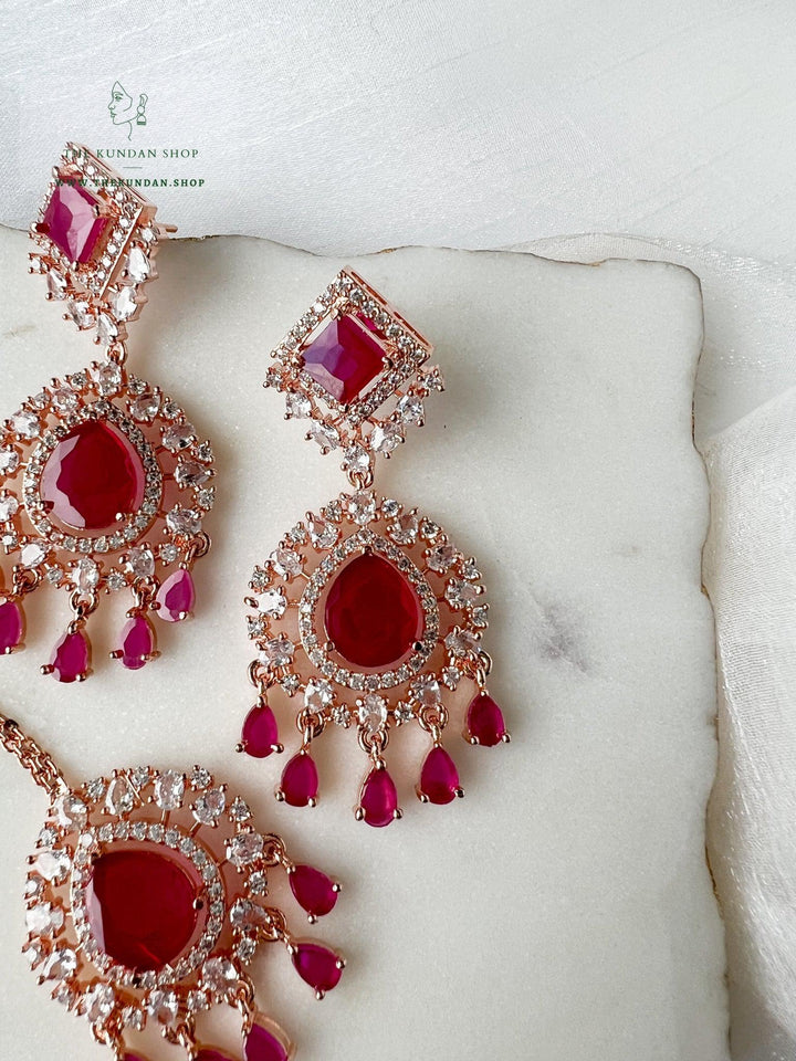 Wander in Rose Gold and Ruby Earrings + Tikka THE KUNDAN SHOP 