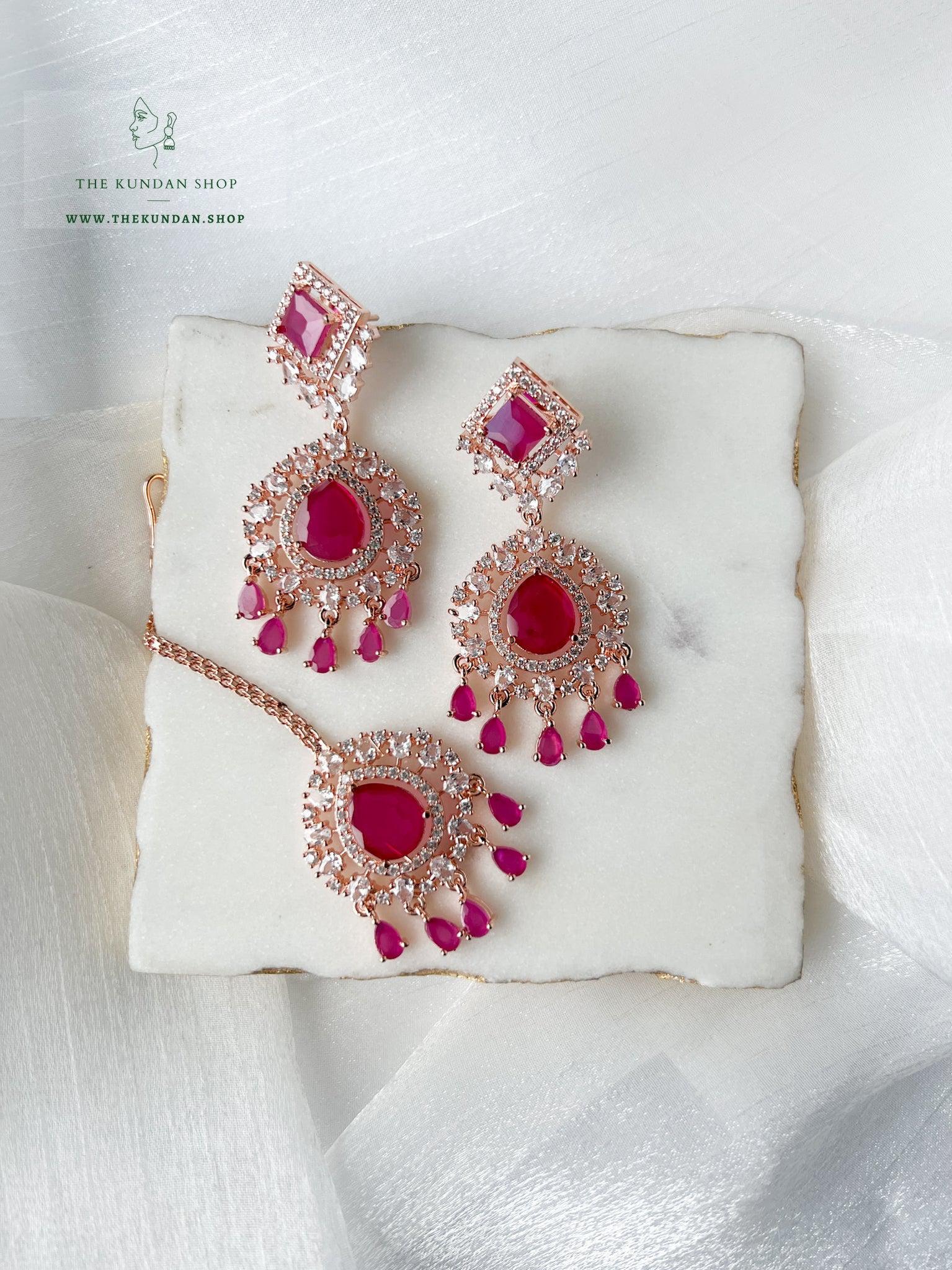 Wander in Rose Gold and Ruby Earrings + Tikka THE KUNDAN SHOP 