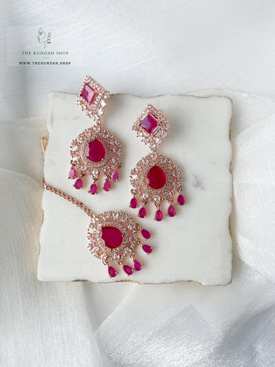 Wander in Rose Gold and Ruby Earrings + Tikka THE KUNDAN SHOP 