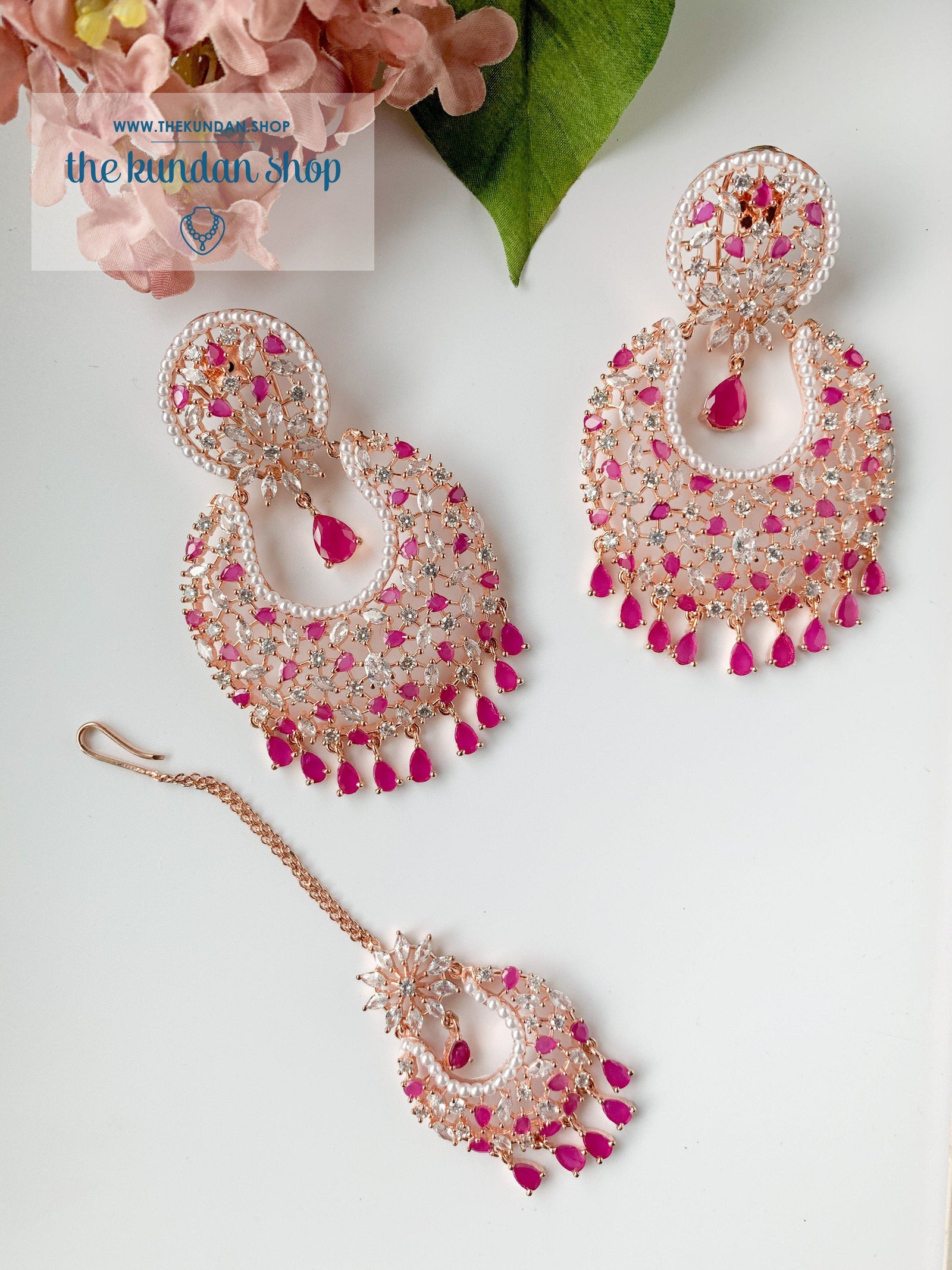 Praise in Rose Gold & Ruby Earrings + Tikka THE KUNDAN SHOP 