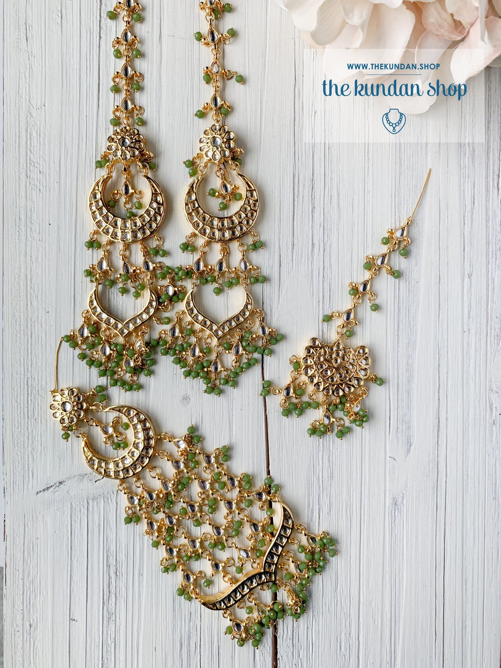 Ornate in Sage Green Earrings + Tikka THE KUNDAN SHOP 