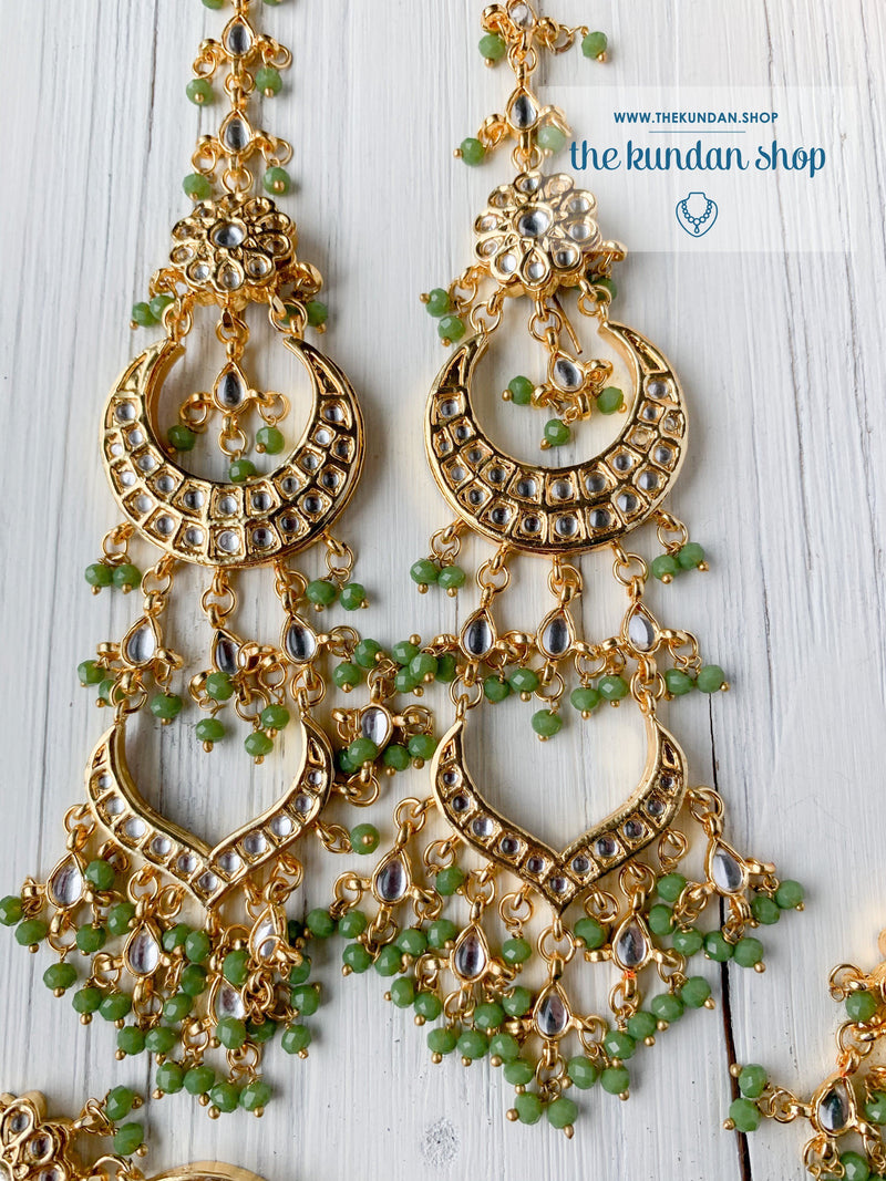 Ornate in Sage Green Earrings + Tikka THE KUNDAN SHOP 