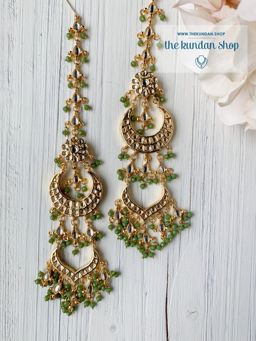 Ornate in Sage Green Earrings + Tikka THE KUNDAN SHOP 