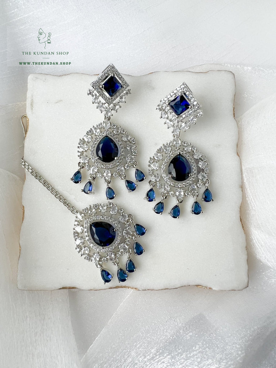 Wander in Silver and Sapphire Earrings + Tikka THE KUNDAN SHOP 