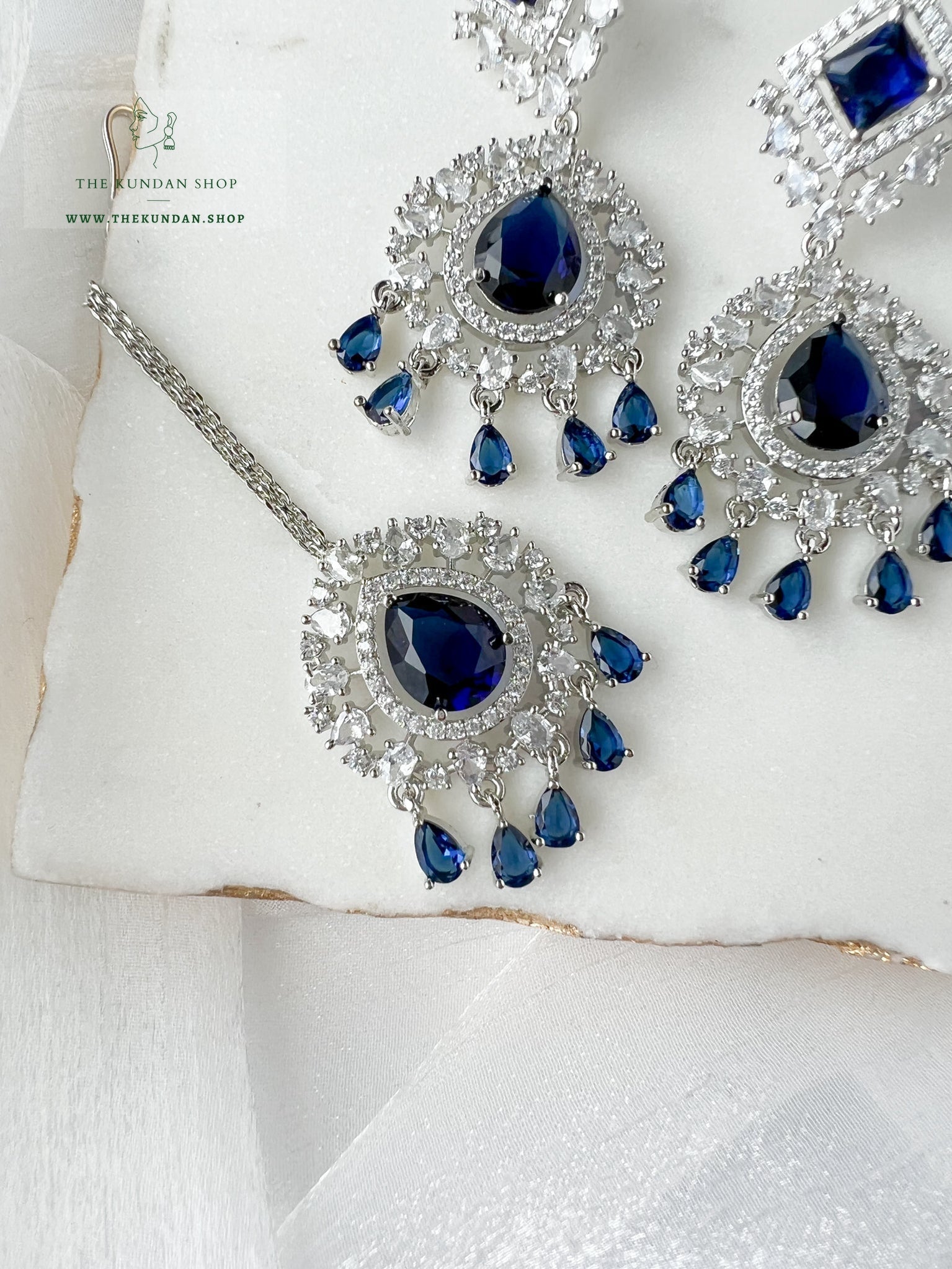 Wander in Silver and Sapphire Earrings + Tikka THE KUNDAN SHOP 