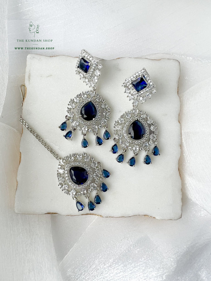 Wander in Silver and Sapphire Earrings + Tikka THE KUNDAN SHOP 