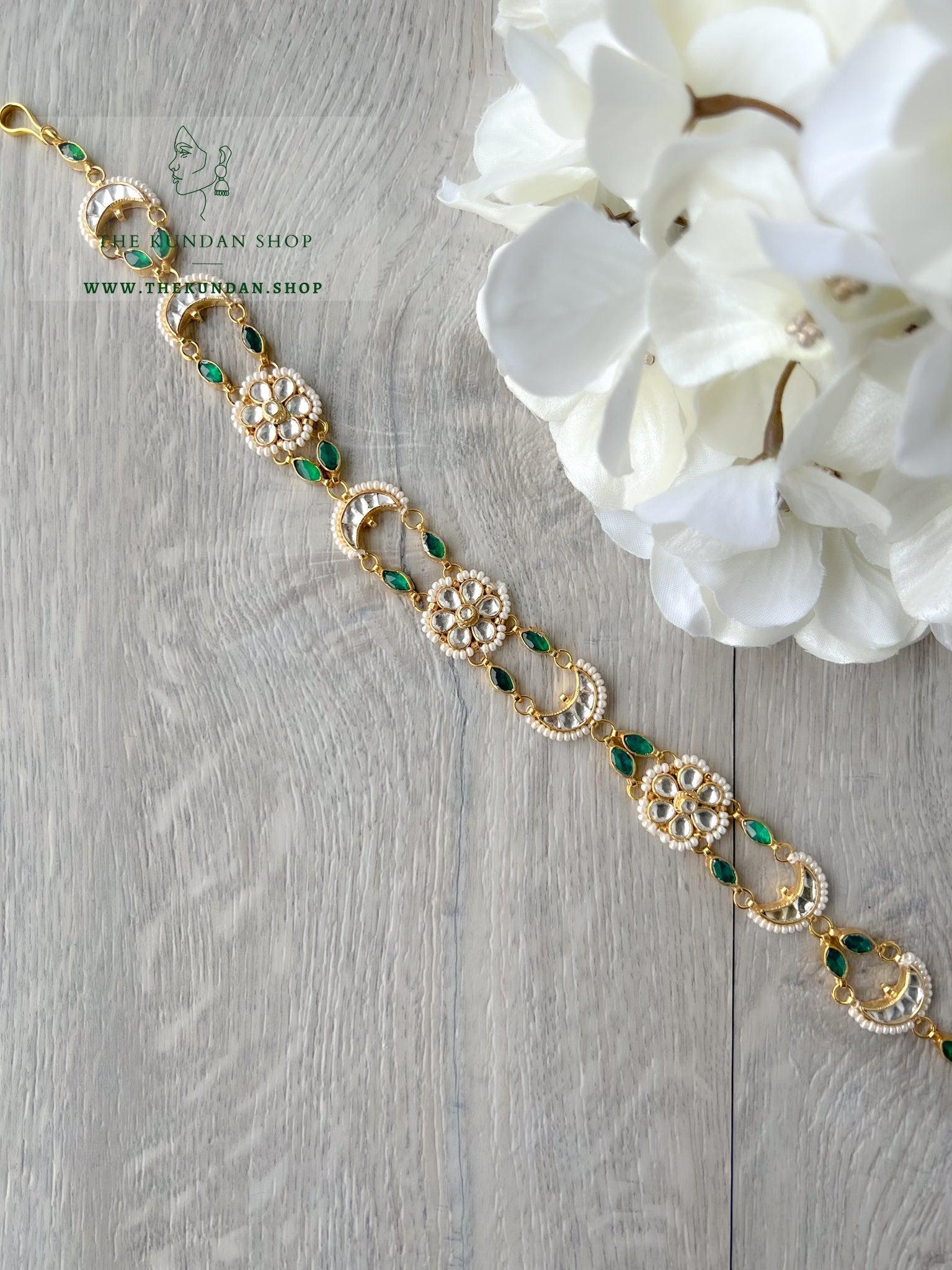 Floral Chaand in Green - Headband Mathapathi THE KUNDAN SHOP 