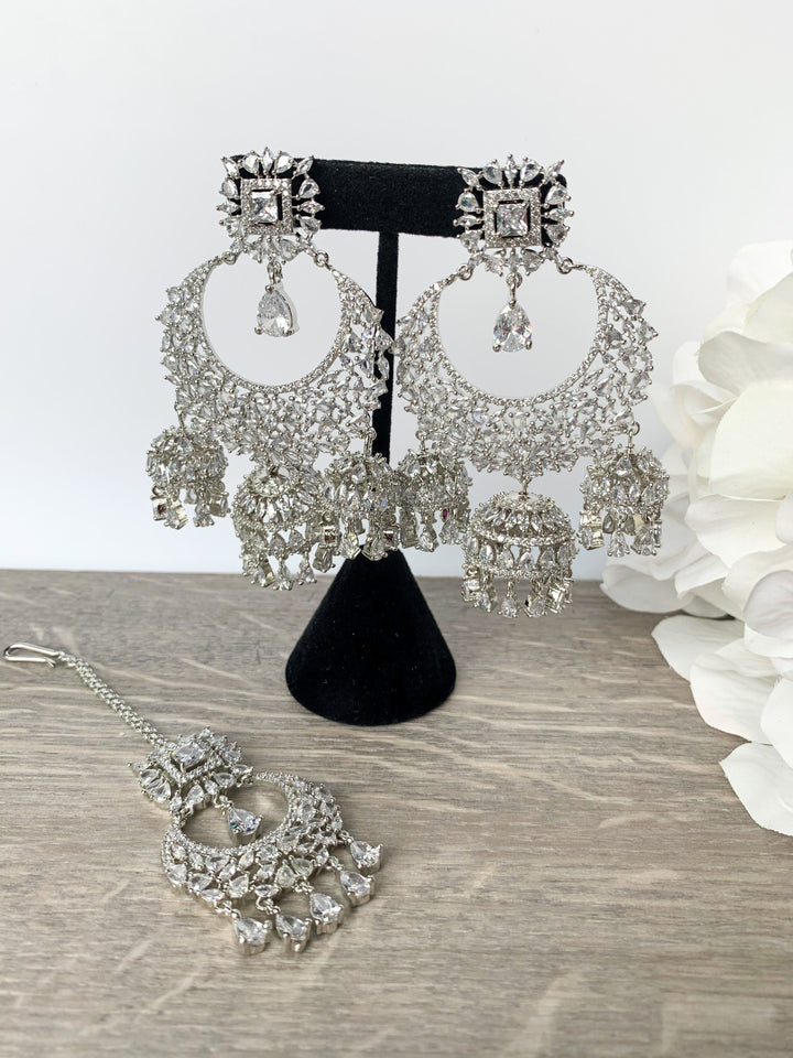 Radiance - Silver, Earrings + Tikka - THE KUNDAN SHOP