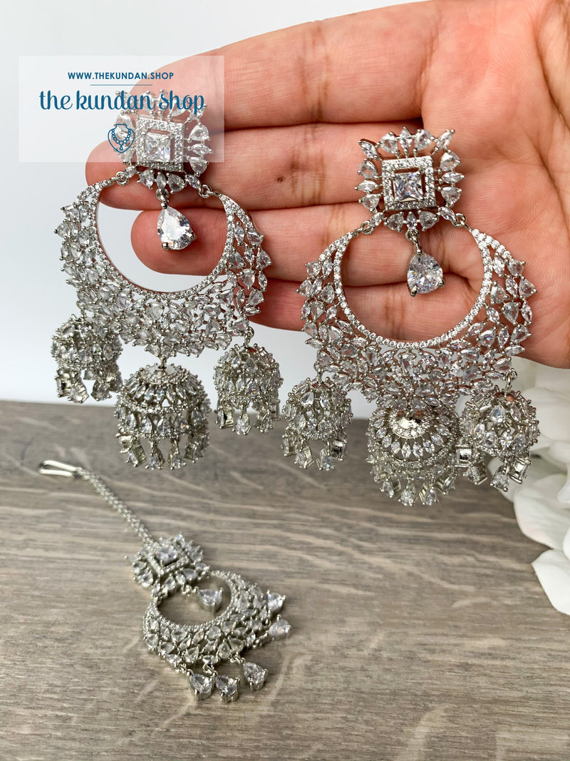 Radiance - Silver, Earrings + Tikka - THE KUNDAN SHOP