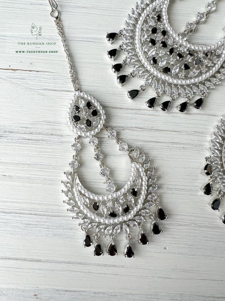 Beyond in Silver & Black Earrings + Tikka THE KUNDAN SHOP 