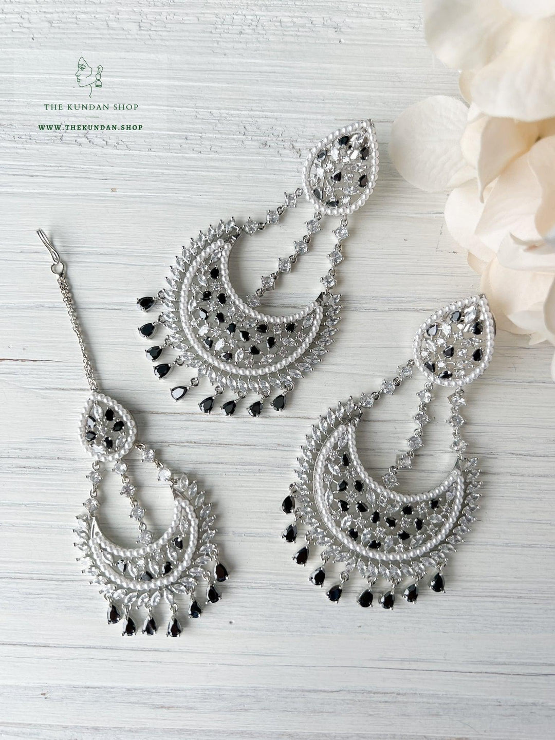 Beyond in Silver & Black Earrings + Tikka THE KUNDAN SHOP 