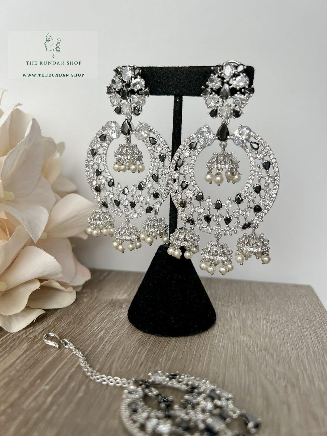 Humble in Silver & Black Earrings + Tikka THE KUNDAN SHOP 