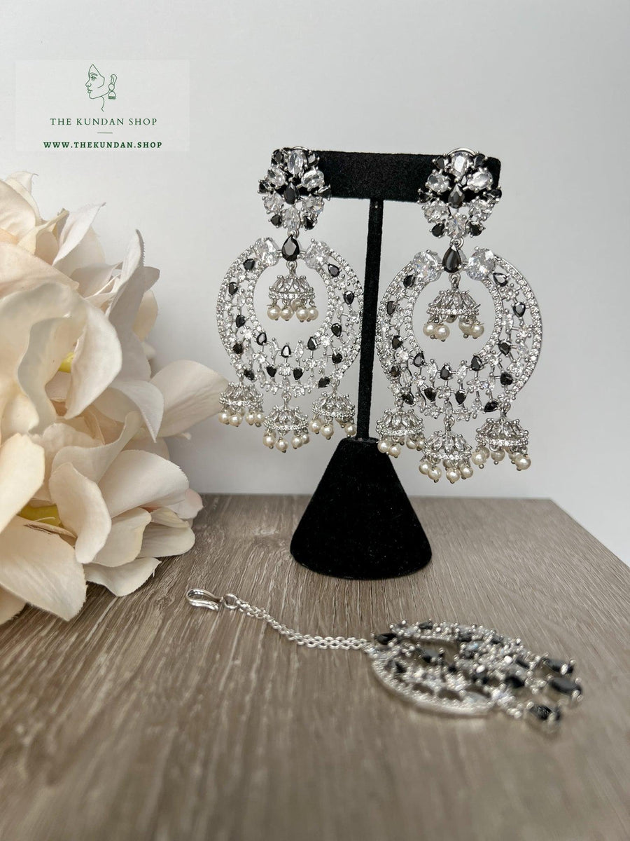 Humble in Silver & Black Earrings + Tikka THE KUNDAN SHOP 