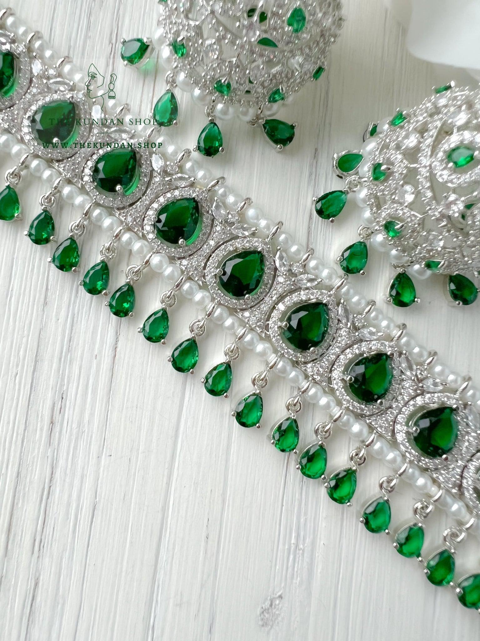A Teardrop Stone in Silver & Emerald Necklace Sets THE KUNDAN SHOP 