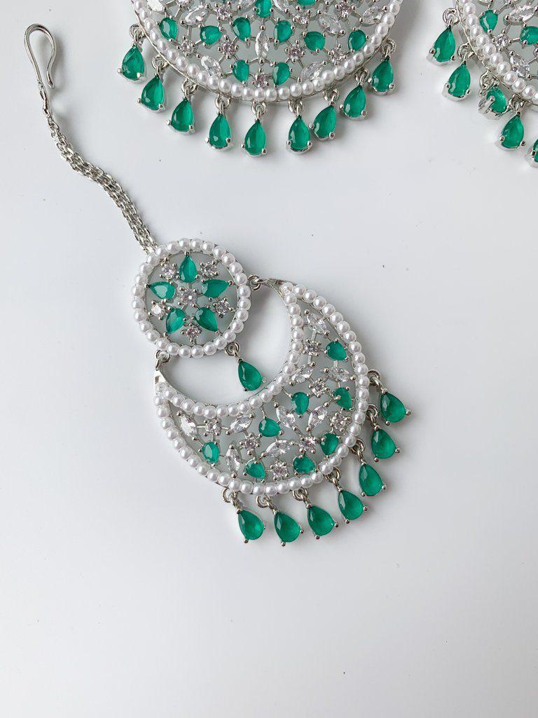 Decisive in Silver & Emerald Earrings + Tikka THE KUNDAN SHOP 