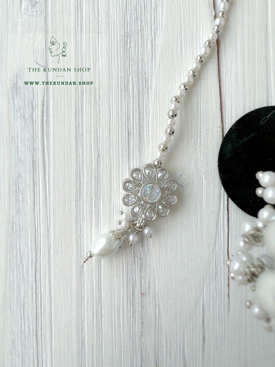 Finery Jhumkis in Silver Earrings + Tikka THE KUNDAN SHOP 