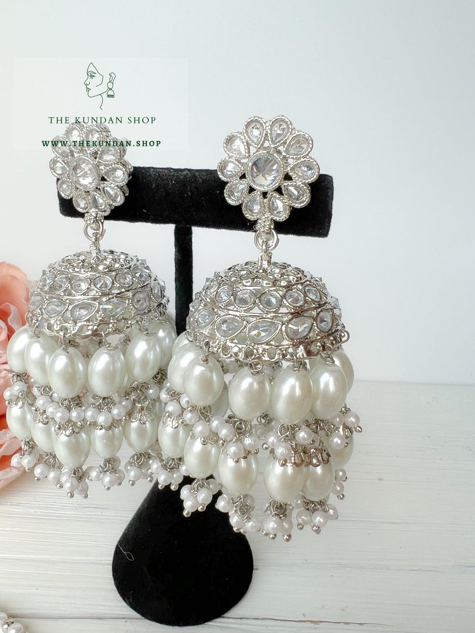 Finery Jhumkis in Silver Earrings + Tikka THE KUNDAN SHOP 