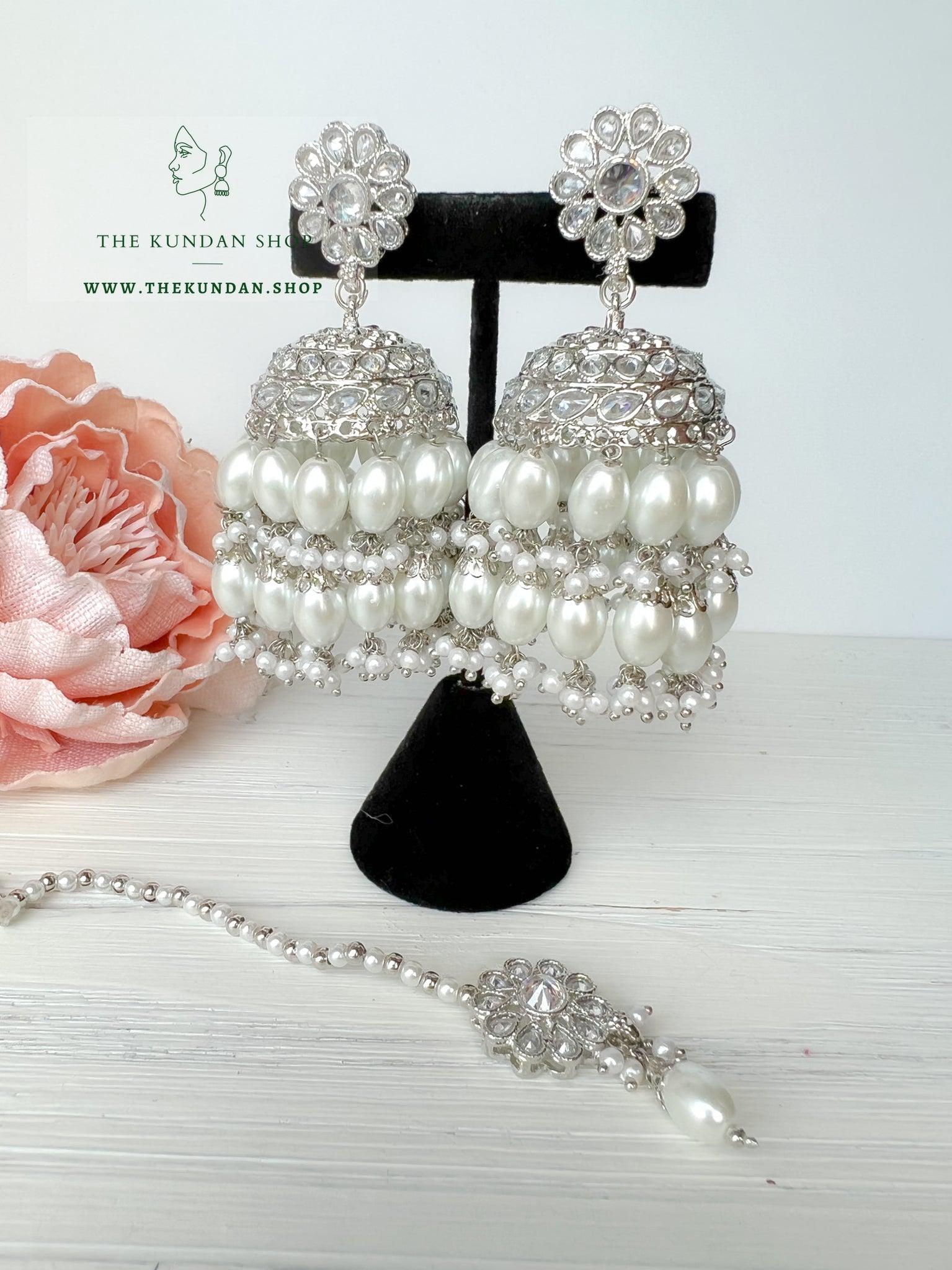 Finery Jhumkis in Silver Earrings + Tikka THE KUNDAN SHOP 