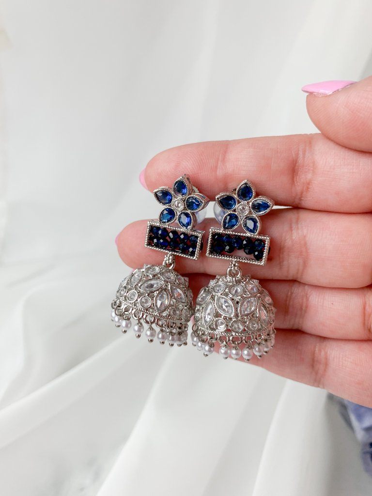 Petals in Polki Earrings THE KUNDAN SHOP Silver Midnight Blue 
